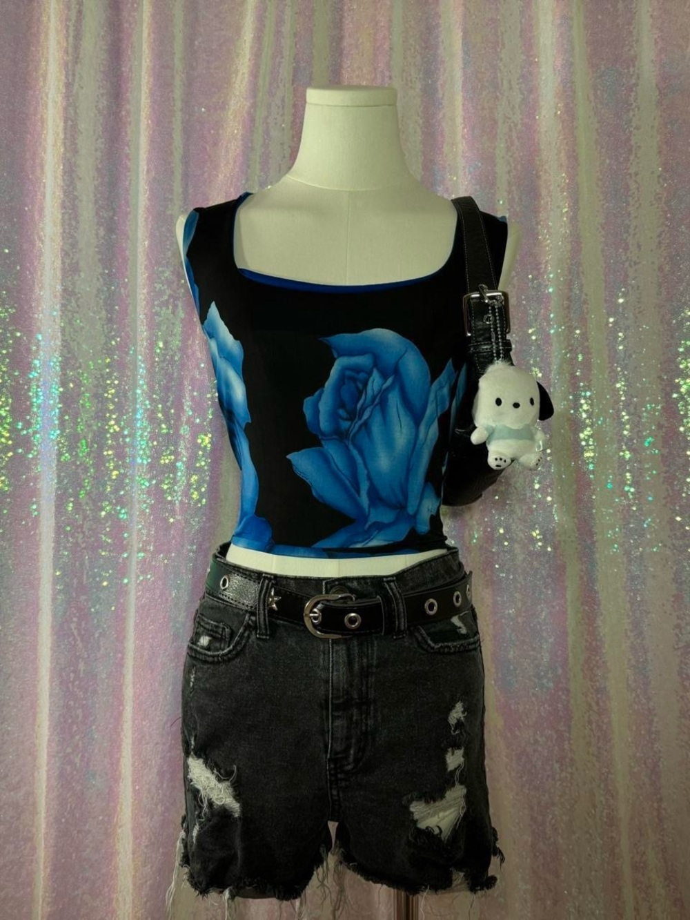 Uzzi Brazil Blue & Black Full Graphic Floral Rose Tank Top Blouse (M) ★彡